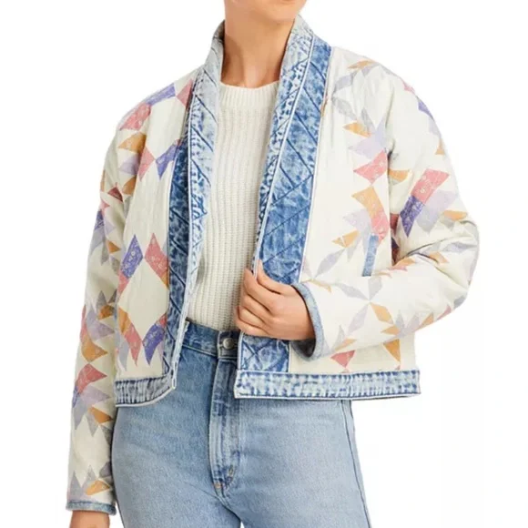 Blank NYC Making Memories Patchwork Quilted Jacket Denim Trim Oversized Small - Picture 13 of 14